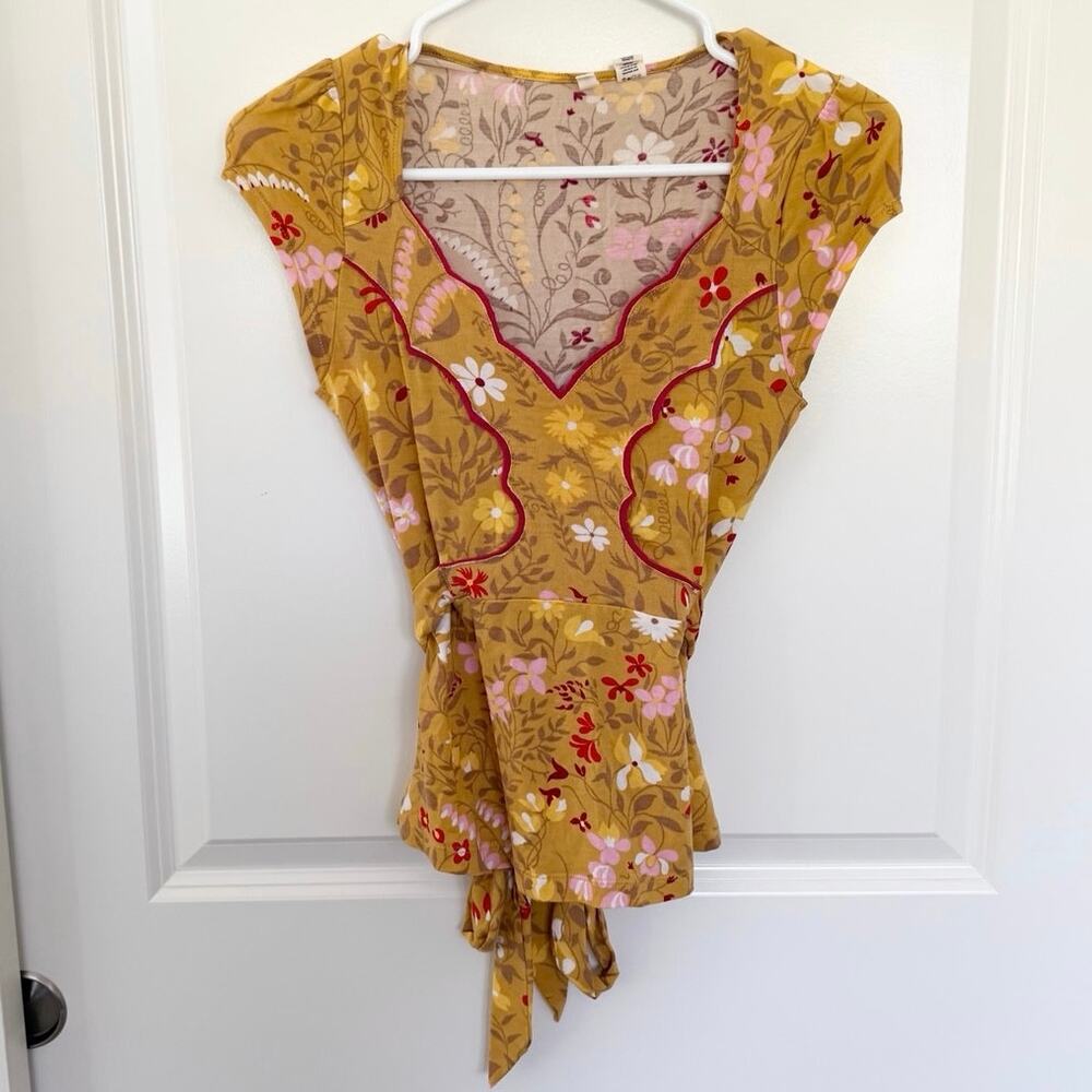 Anthropologie MOTH Tencel Scalloped Trim Floral Tie Back Top Yellow XS